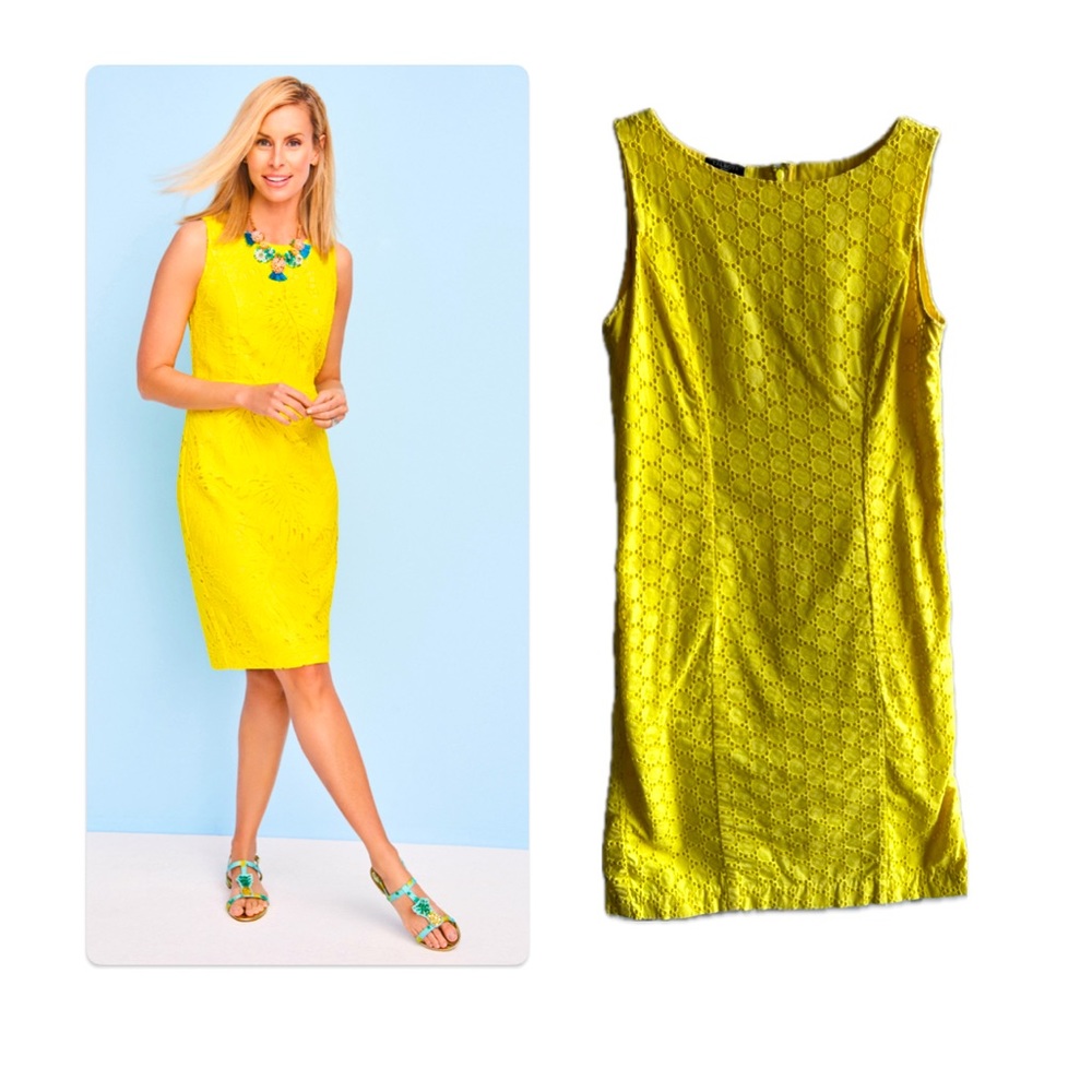 Talbots Yellow Eyelet Lace Shift Boat Neck 100% Cotton Dress